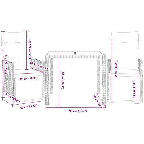  3-dijelni bistro set s jastucima crni od poliratana Slike