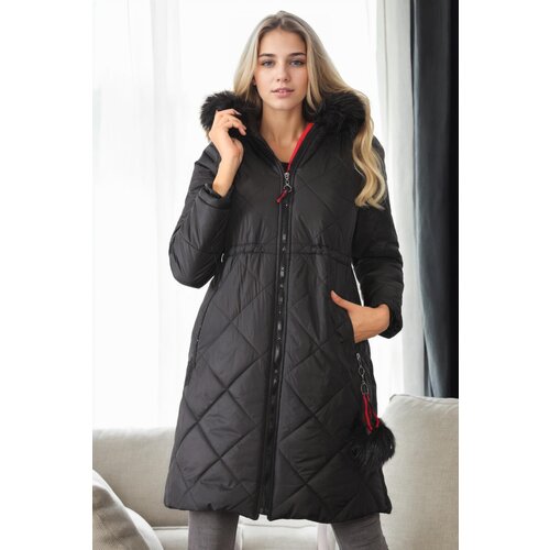 Dewberry Z6646 N FUR POMPOM LADIES' COAT-BLACK-1 Cene