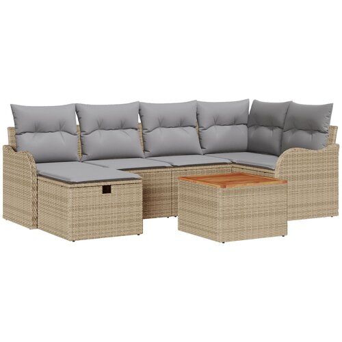 vidaXL 7-delni vrtni sofa set z blazinami Bež Poly Ratan, 2-sedežni vrtni kavč s shrambo in blazinami Bež Poly Ratan Cene