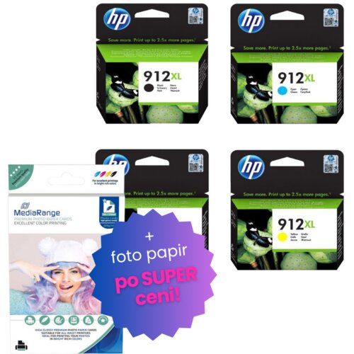 HP Komplet kartuš nr.912XL (BK/C/M/Y), original + foto papir MediaRange po SUPER ceni Cene