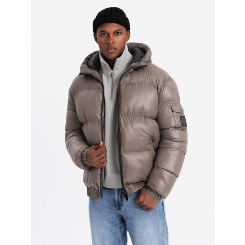 Ombre Warm men&amp;#039;s puffer jacket with welts - dark beige Slike