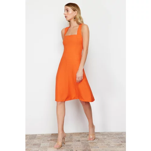 Trendyol Orange Square Neck A-Line/A-Line Form Woven Dress