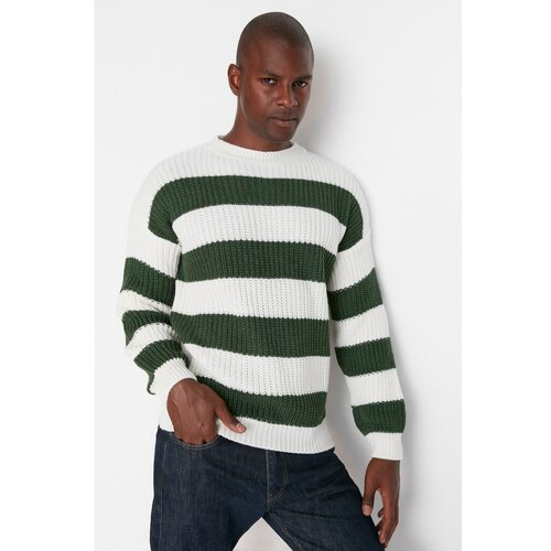 Trendyol Green Men's Oversize Fit Wide Fit Crew Neck Striped Knitwear Sweater Cene