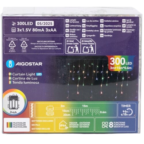 Aigostar led spolja&amp;scaron;nja novogodi&amp;scaron;nja girlanda 300 led / 8 funkcija, napajanje 3xAA, 18 x 0,6 m, IP44, vi&amp;scaron;ebojna Slike