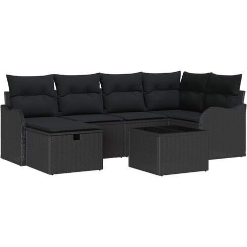 vidaXL set od 7 dijelova vrtnih sofa s jastučićima crni poli ratan, 2-sjedna vrtna sofa s pohranom i jastučićima crna poli ratan Cijene