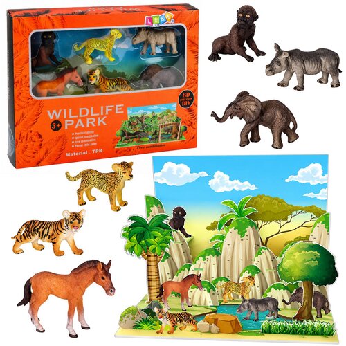 WILD Animals Figures Set Leopard Tiger Elephant Horse Park 3D Board Cene