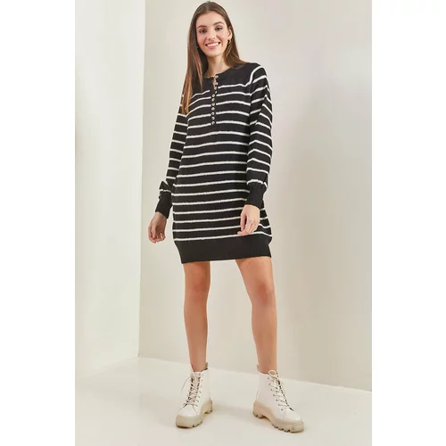 Bianco Lucci Women's Striped Buttoned Soft Sweater Dress