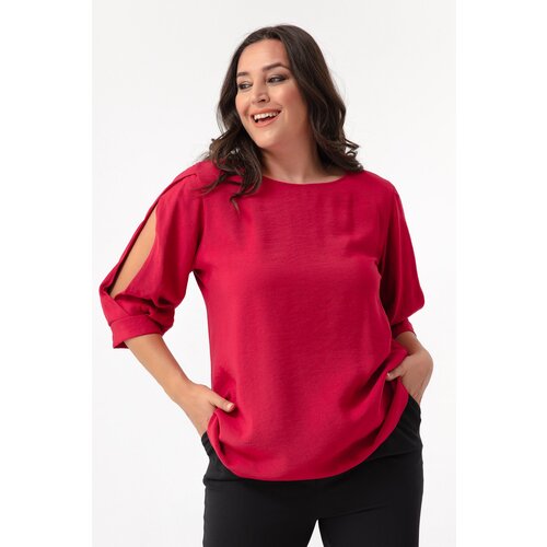 Lafaba Women&amp;#039;s Red Crewneck Poor Sleeve Plus Size Blouse Slike