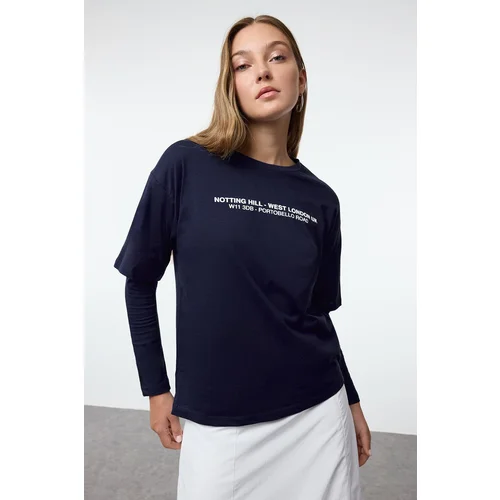 Trendyol Navy Blue Relaxed/Comfortable Pattern Slogan Embossed Printed Knitted T-Shirt