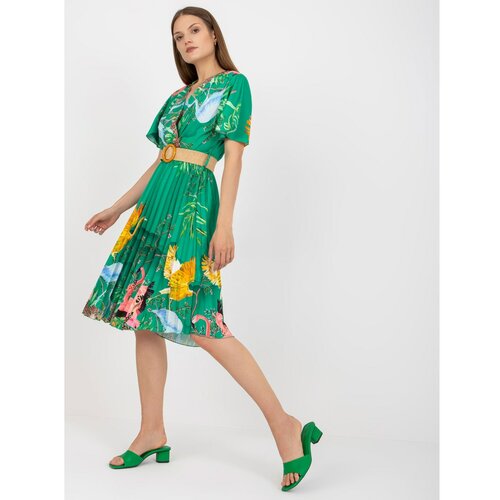 Fashion Hunters Green pleated dress with prints with a belt Slike