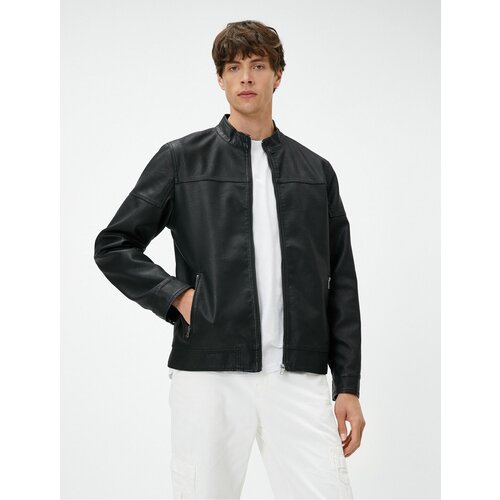 Koton Leather Look Jacket Round Neck Zipper Pocket Slike