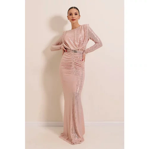 By Saygı Long Sleeves with Pleats Lined Waist Belt Long Sequined Dress Powder