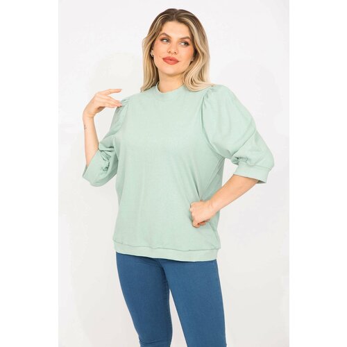 Şans Women's Plus Size Green Shoulder Gathered Capri Sleeve Sweatshirt Cene