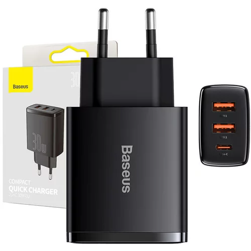 Baseus Compact hitri polnilec, 2xUSB, USB-C, PD, 3A, 30W (črn)