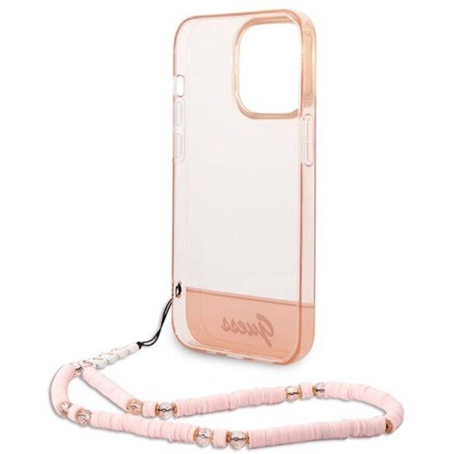 Guess gUHCP14XHGCOHP za iPhone 14 Pro Max - roza silikonski ovitek s perla zapestnico Slike