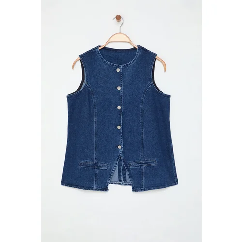 Trendyol Curve Blue Crew Neck Plus Size Denim Vest