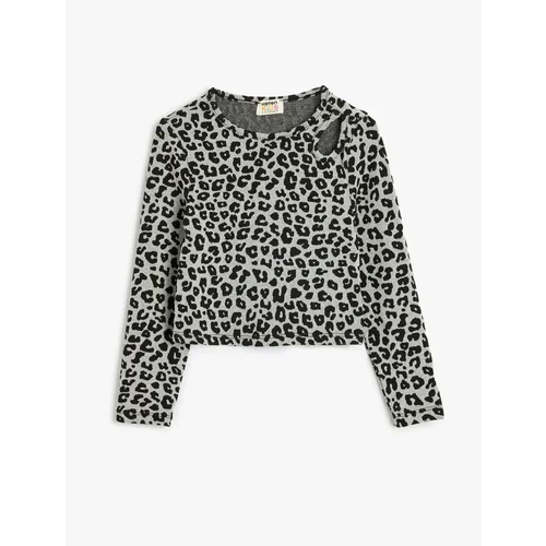 Koton Blouse Leopard Patterned Long Sleeve Window Detailed Crew Neck