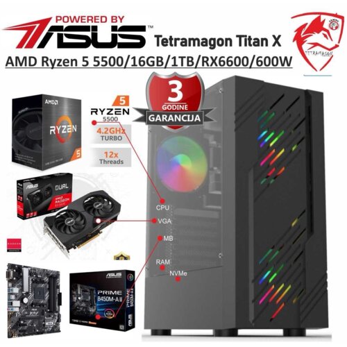  gaming desktop računar titan x amd powered by asus ryzen 5 5500/16GB/SSD 1TB/RX 6600 8GB/600W Cene