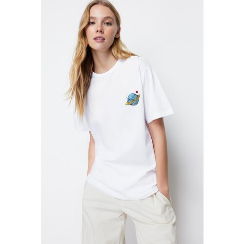 Trendyol White 100 Cotton Front and Back Galaxy Printed Boyfriend Fit Crew Neck Knitted T-Shirt Slike