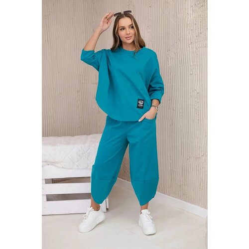 Fasardi Loose women's set of trousers and blue-green sweatshirt Cene