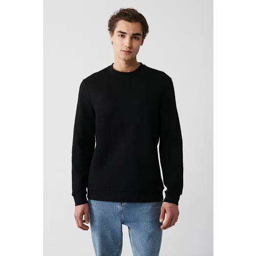 Avva Men's Black Crew Neck Cotton Jacquard Standard Fit Regular Fit Sweatshirt