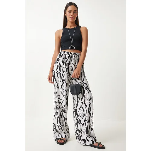 Happiness İstanbul Women's Vivid White Black Patterned Loose Viscose Palazzo Trousers