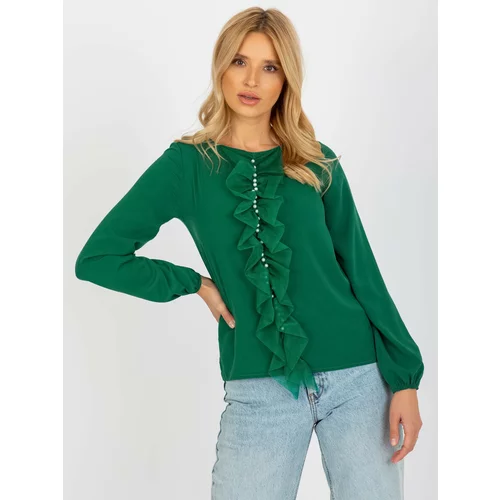 Fashion Hunters Dark green formal blouse with pearls and mesh