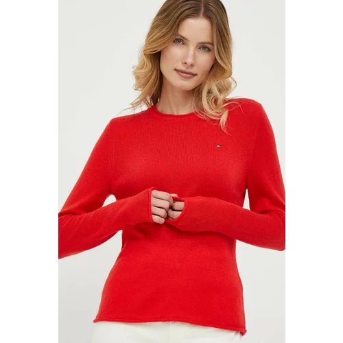 Tommy Hilfiger Volnen pulover ženski, rdeča barva