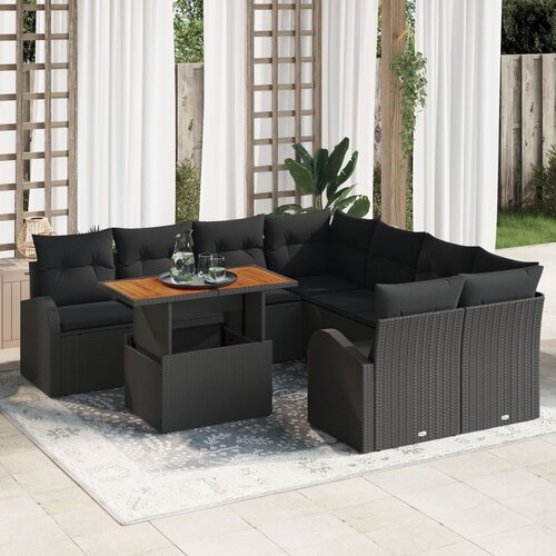 VidaXL 9-dijelni set za sjedala s jastučićima crni poli rattan akacija Slike