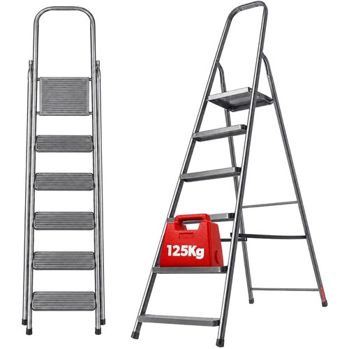 KADAX Jeklena lestev 6 stopnic, zložljiva lestev za dom, trdna 125 kg, (5000357006) Cene