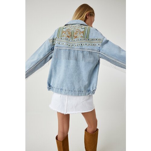 Happiness İstanbul Women's Light Blue Chain And Embroidery Detail Denim Jacket Slike
