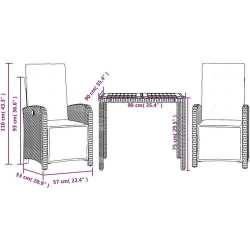  3-dijelni bistro set s jastucima crni od poliratana Crna Dužina stola 90 cm Slike