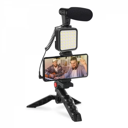 Platinet vlog set 4v1 - mikrofon, led luč, tripod stojalo, 3,5mm na tipc adapter