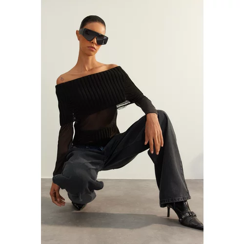 Trendyol Limited Edition Black Sheer Carmen Collar Knitwear Sweater