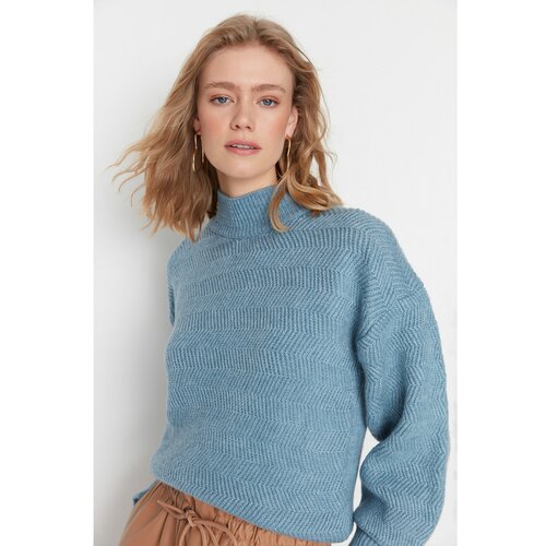Trendyol Blue Knit Detail Stand Up Collar Knitwear Sweater Slike