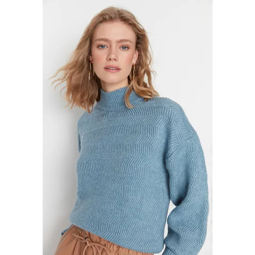 Trendyol Blue Knit Detail Stand Up Collar Knitwear Sweater