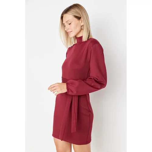 Trendyol Claret Red Collar Tie Detailed Scuba Knitted Dress