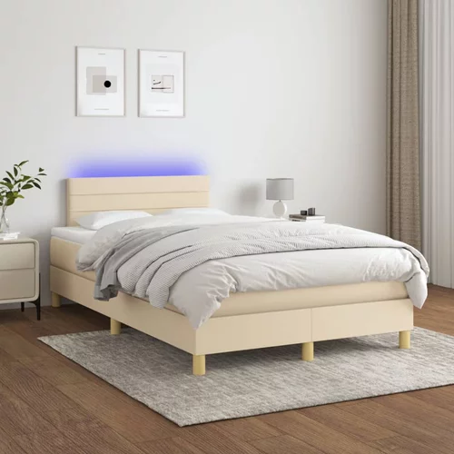 vidaXL Box spring postelja z vzmetnico LED krem 120x200 cm blago