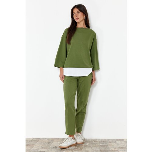 Trendyol Khaki Relaxed Pattern Woven Garni Detailed Knitted Bottom-Top Set Cene