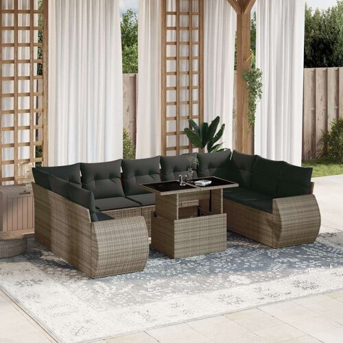  10-dijelni set vrtnih sofa od poliratana s jastucima sivi Slike