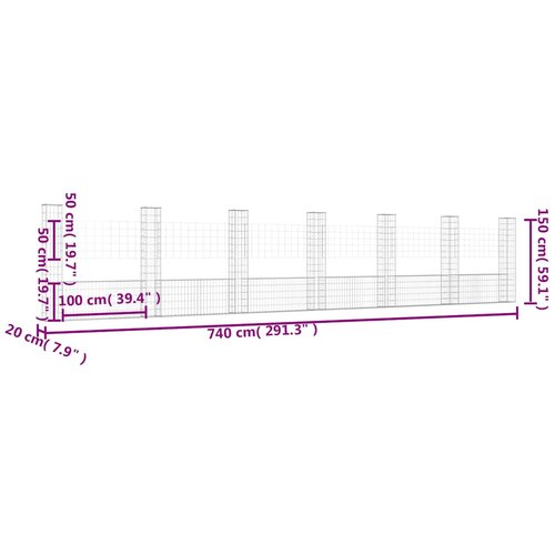  Gabionska ko&amp;scaron;ara U-oblika sa 7 stupova 740x20x150 cm željezna Slike