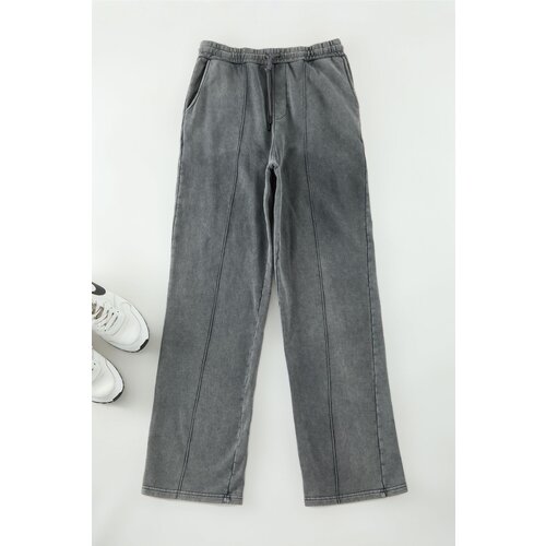 Trendyol Anthracite Wide Leg Ribbed Vintage/Faded Effect Basic Sweatpants Cene