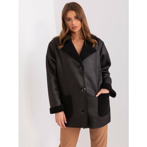Fashion Hunters Women's black sheepskin coat with buttons Cene