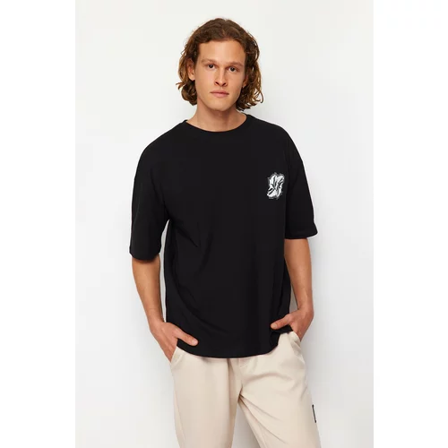 Trendyol Men's Black Oversize/Wide-Fit Printed 100% Cotton T-Shirt