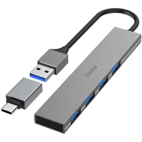 Hama USB Hub 4 porta, USB 3.2, 5 Gbit/s+ USB-C adapter ultra tanak Slike