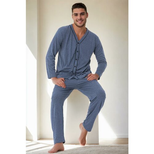 Dewberry J4425 Mens Buttoned Long Sleeve Pyjama Set-BLUE Slike