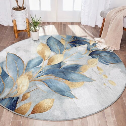 Mila Home modra/zlata pralna okrogla preproga &amp;oslash; 80 cm golden leaves &amp;ndash; Slike