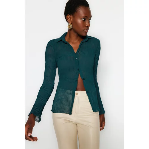 Trendyol Emerald Green Pleated Fitted Woven Shirt