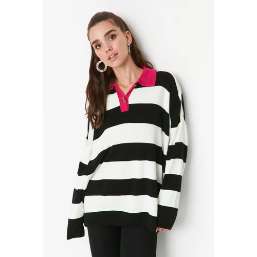 Trendyol Black Striped Polo Collar Knitwear Sweater