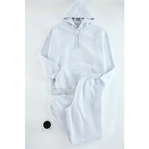 Trendyol Grey Melange Oversize/Wide Cut Elastic Leg Basic Fleece Inside Tracksuit